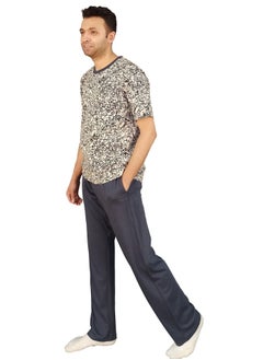 Jet Men Summer Pajama Set Printed Top & Plain Bottom -Beige  - Image 2