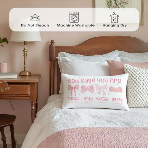 Wheatwin Pink Bow Coquette Christian Throw Pillow Cover 12x20, Gifts for Mom Women Girls Tween, Mothers Day Bow Decor for Girls Room Dorm, Bible Verse Pink Bows Inspirational Affirmations Gifts - Image 3