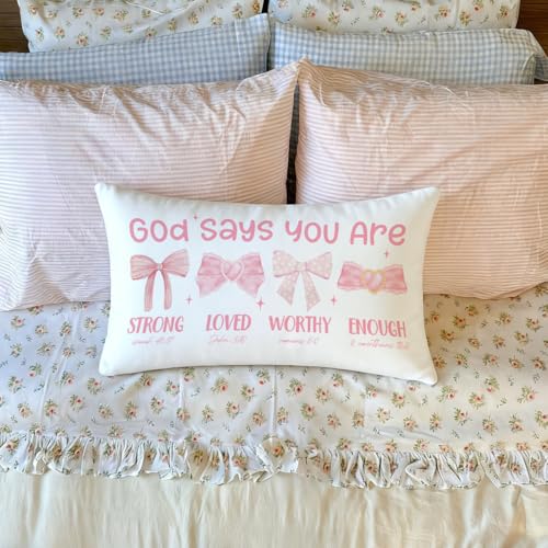 Wheatwin Pink Bow Coquette Christian Throw Pillow Cover 12x20, Gifts for Mom Women Girls Tween, Mothers Day Bow Decor for Girls Room Dorm, Bible Verse Pink Bows Inspirational Affirmations Gifts - Image 2