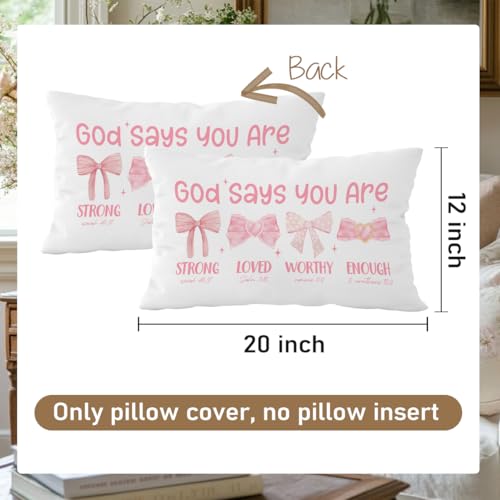 Wheatwin Pink Bow Coquette Christian Throw Pillow Cover 12x20, Gifts for Mom Women Girls Tween, Mothers Day Bow Decor for Girls Room Dorm, Bible Verse Pink Bows Inspirational Affirmations Gifts - Image 5