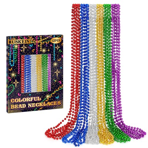 Huskein 12 PCS Mardi Gras Beads Necklaces 33 6 Kinds Color Beaded Stuff Set Festival Parade Favors Colorful Assorted Carnival Costume Accessories for Christmas Parade Party Favors Decorations - Image 1