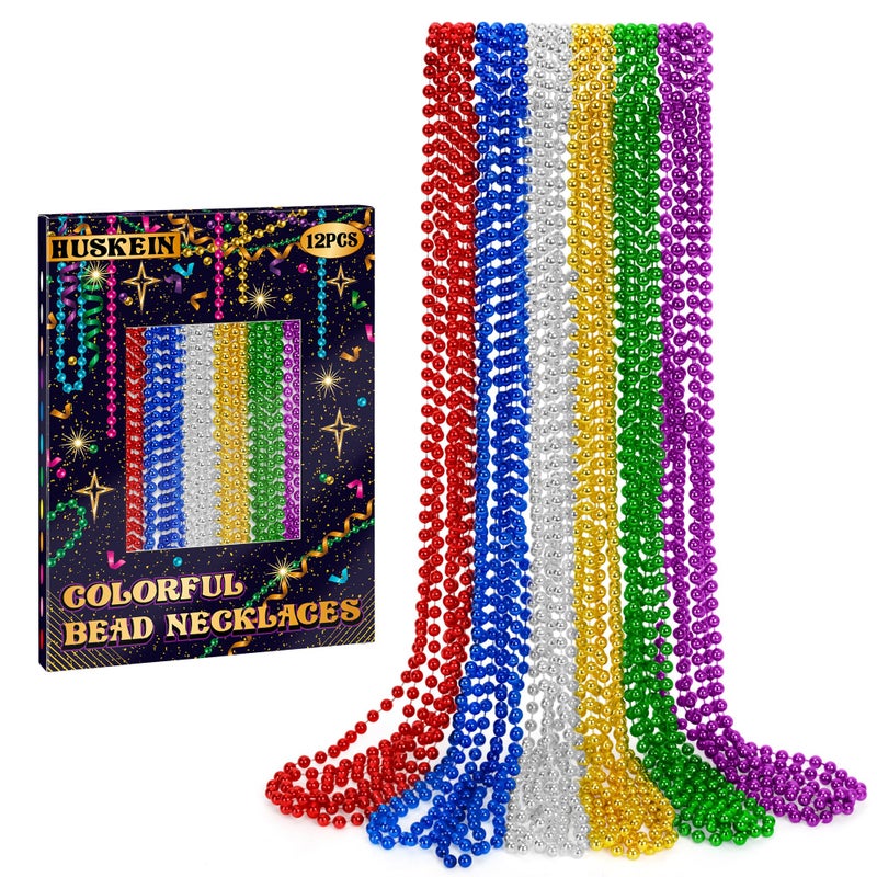 Huskein 12 PCS Mardi Gras Beads Necklaces 33 6 Kinds Color Beaded Stuff Set Festival Parade Favors Colorful Assorted Carnival Costume Accessories for Christmas Parade Party Favors Decorations - Image 3