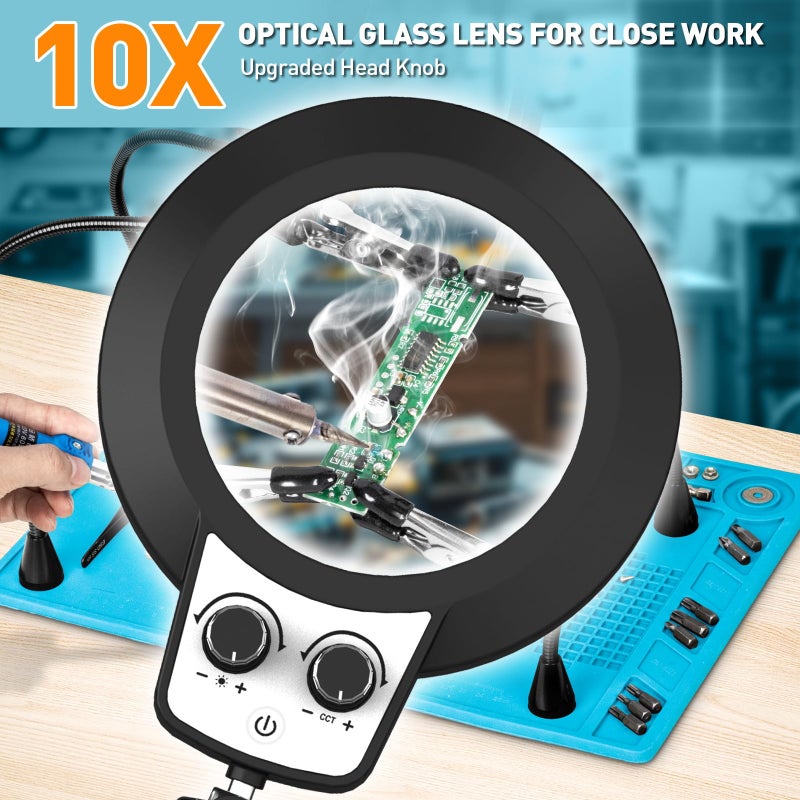 KUVRS 10X Magnifying Glass with Light and Stand, Helping Hands Soldering Station, Non-Slip Repair Mat Magnifying Lamp, Any Color Stepless Dimming LED Lighted Magnifier for Jewelry Craft Model - Image 2