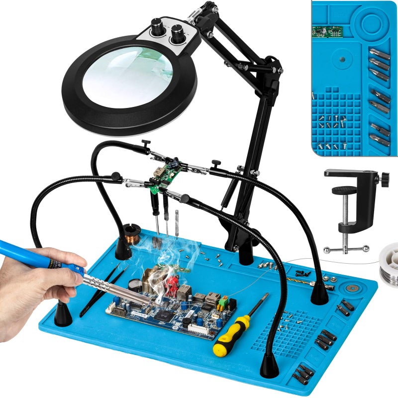 KUVRS 10X Magnifying Glass with Light and Stand, Helping Hands Soldering Station, Non-Slip Repair Mat Magnifying Lamp, Any Color Stepless Dimming LED Lighted Magnifier for Jewelry Craft Model - Image 1