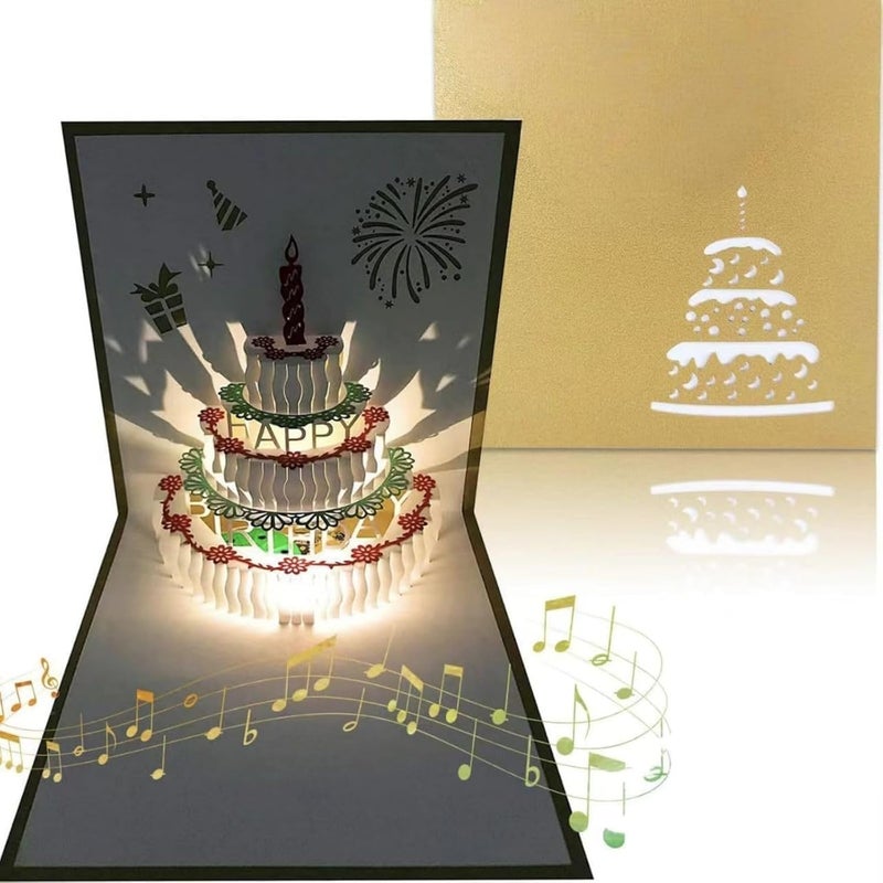 بطاقات عيد ميلاد ثلاثية الأبعاد منبثقة، بطاقة عيد ميلاد سعيدة مع موسيقى وكعكة عيد ميلاد بإضاءة LED دافئة، هدية بطاقة عيد ميلاد مع ظرف، بطاقات تهنئة هدايا مخصصة للنساء والأم والزوجة والأخت والصبي والفتاة - Image 1