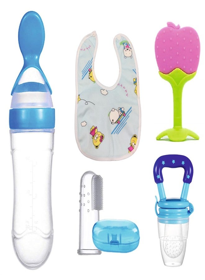 ROFORUF Baby Teething & Feeding Combo Pack | Silicone Spoon Bottle 90ml, Fruit Nibbler Pacifier, Fruit Shape Teether, Finger Toothbrush & Waterproof Baby Bib | BPA-Free Infant Essentials (Combo of 5 (3)) - Image 1