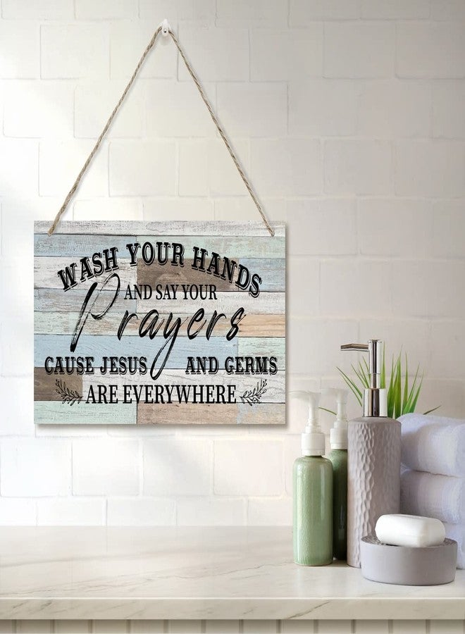 Razpah Wash Your Hands And Say Your Prayers Sign, Printed Wood Plaque Sign Wall Hanging, Wash Your Hands Sign Bathroom Decor, Jesus And Germs Sign, Funny Bathroom Decor Wall Art Sign 12" x 6" - Image 2