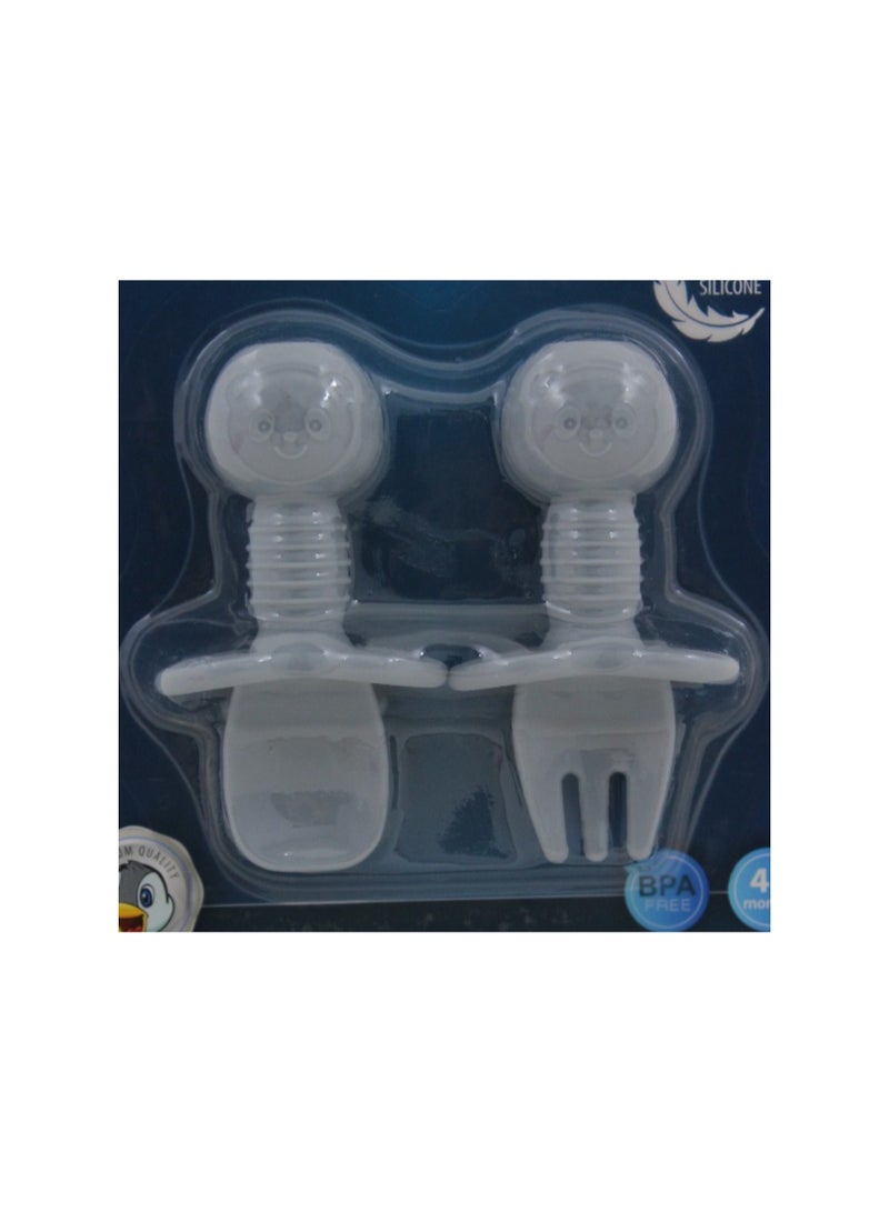 ترو طقم شوكة وملعقة من السيليكون الذهبي الحقيقي للأطفال من عمر 4 أشهر فما فوق - رمادي - Image 1