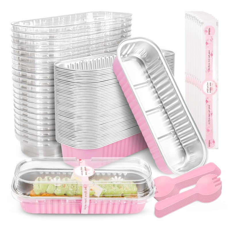 NPLUX 50 PACK Mini Cake Pans with Lids and SpoonsRectangular Aluminum Foil Bread PanMini Loaf Pans and Food Containers with LidsPink68oz