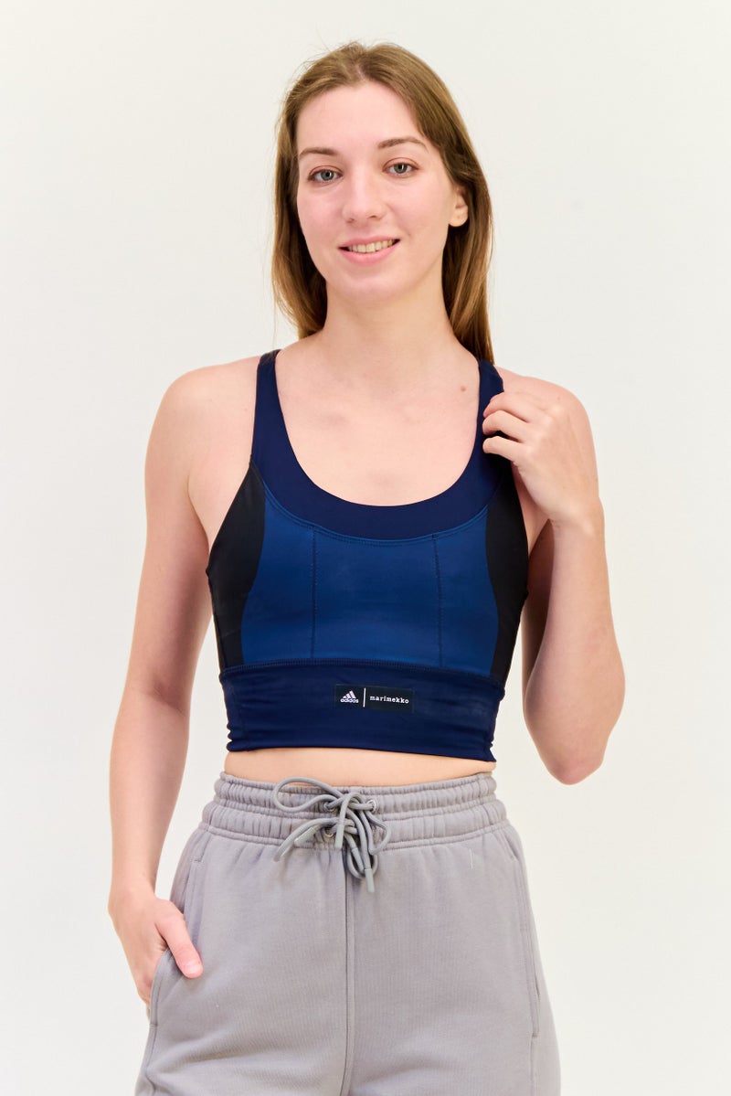 Adidas x Marimekko Women Padded Training Sports Bra, Navy Blue - Image 1