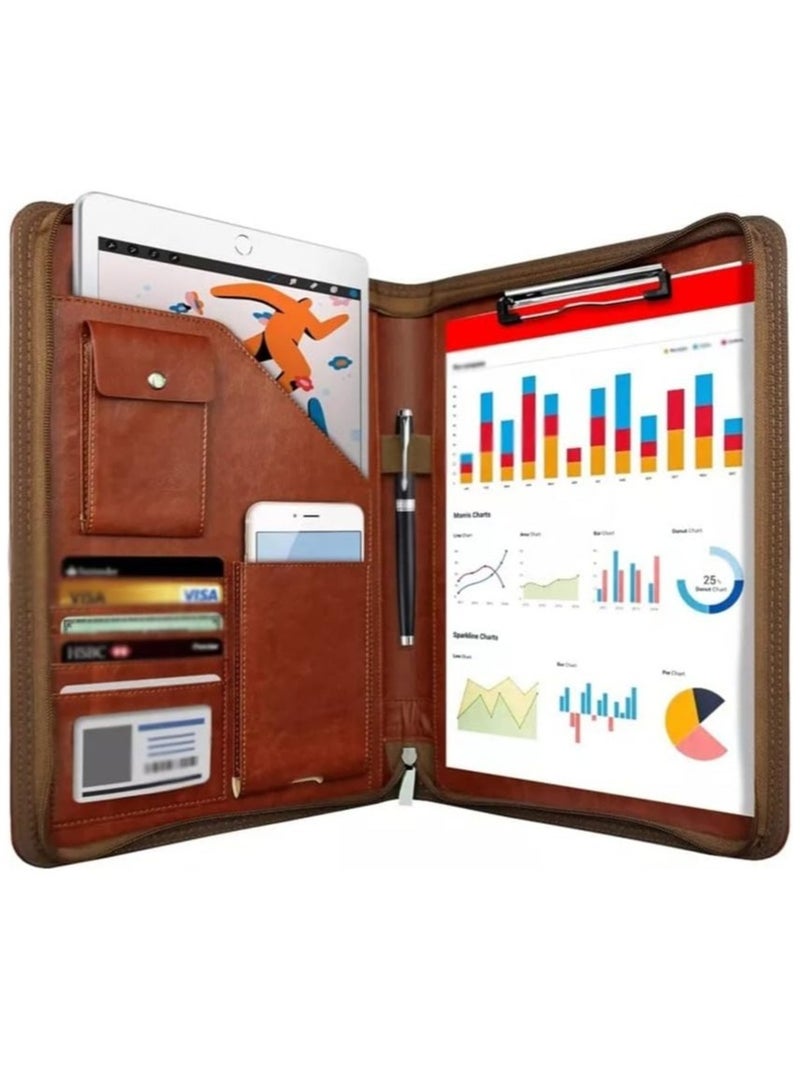 AROAQ Multifunctional A4 Leather Conference Folder with Zipper Organizer and Card Holder for Business Documents - Image 1