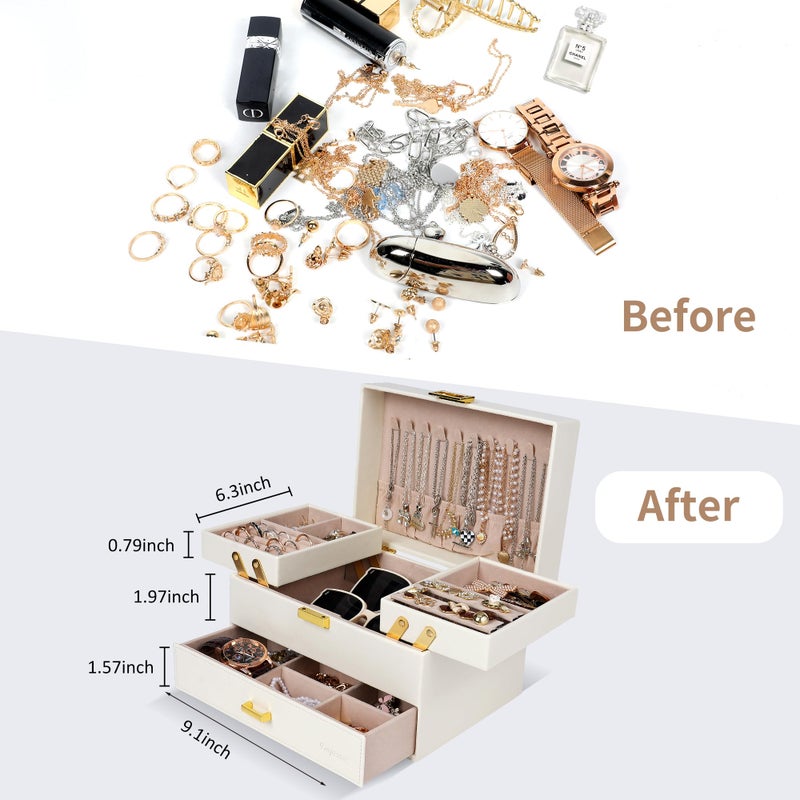 Dajasan Jewelry Organizer Box, Large Jewelry Boxes for Women Girls, Compact 3 Layers Jewelry Storage Case with Drawer, Movable Metal Stand, Modern, Gift Idea (Cloud White + Gold) - Image 4