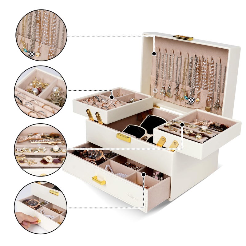 Dajasan Jewelry Organizer Box, Large Jewelry Boxes for Women Girls, Compact 3 Layers Jewelry Storage Case with Drawer, Movable Metal Stand, Modern, Gift Idea (Cloud White + Gold) - Image 2