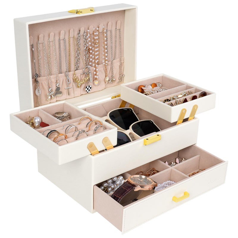 Dajasan Jewelry Organizer Box, Large Jewelry Boxes for Women Girls, Compact 3 Layers Jewelry Storage Case with Drawer, Movable Metal Stand, Modern, Gift Idea (Cloud White + Gold) - Image 1