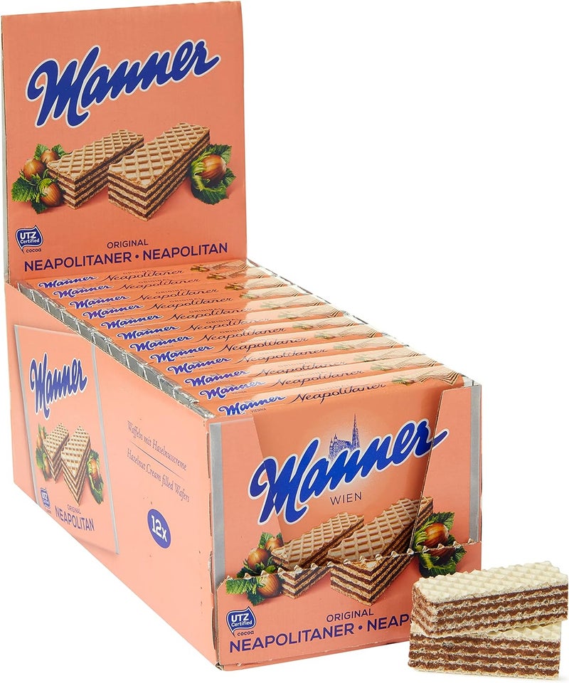 Manner Original Neapolitaner Wafers - Hazelnut Cream Filled, 75g (Pack of 12) - Image 1