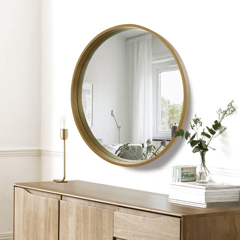 WallBeyond Round Mirror with Wood Frame, 28" Circle Modern Decoration Large Home Decor Mirror for Bathroom Living Room Bedroom Entryway (28" Diameter, Natural Wood) - Image 3