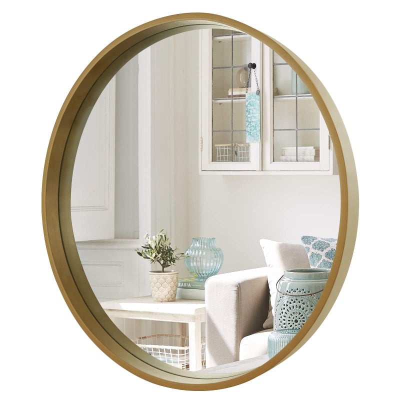 WallBeyond Round Mirror with Wood Frame, 28" Circle Modern Decoration Large Home Decor Mirror for Bathroom Living Room Bedroom Entryway (28" Diameter, Natural Wood) - Image 1