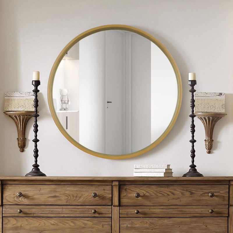 WallBeyond Round Mirror with Wood Frame, 28" Circle Modern Decoration Large Home Decor Mirror for Bathroom Living Room Bedroom Entryway (28" Diameter, Natural Wood) - Image 5