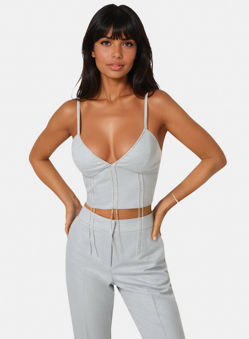 bebe Glittery Rhinestone Chain Fitted Top - Image 1