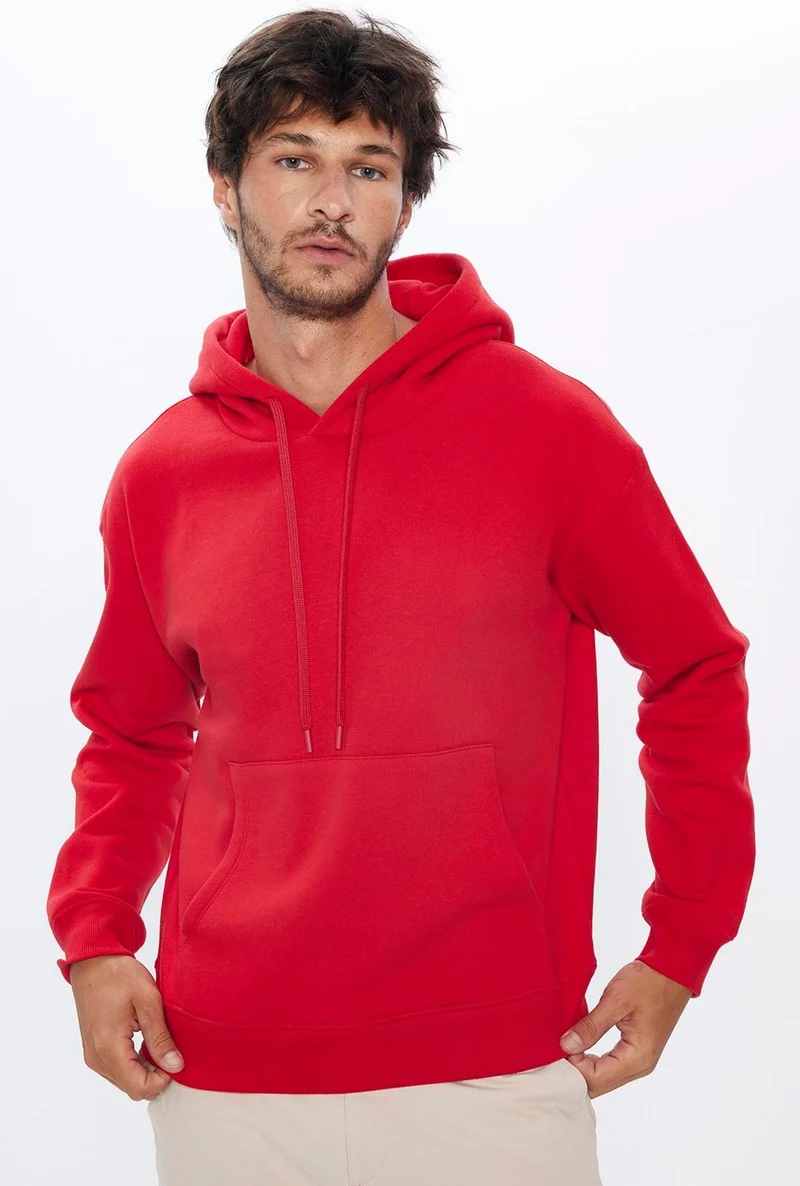 تودورس Oversize Wide Cut Cotton Soft Textured Polar Fleece Basic Red Hooded Sweatshirt