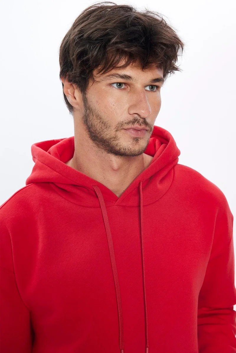 تودورس Oversize Wide Cut Cotton Soft Textured Polar Fleece Basic Red Hooded Sweatshirt