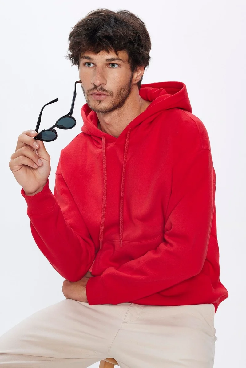 تودورس Oversize Wide Cut Cotton Soft Textured Polar Fleece Basic Red Hooded Sweatshirt