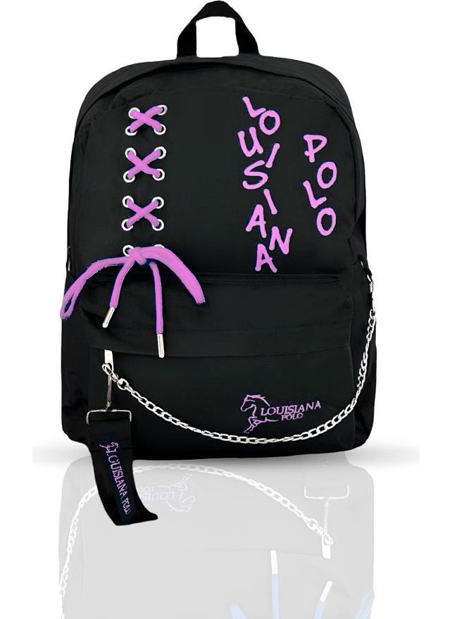 Louisiana Polo - Laptop Compartment School Bag Black Pink 1141 - Image 1