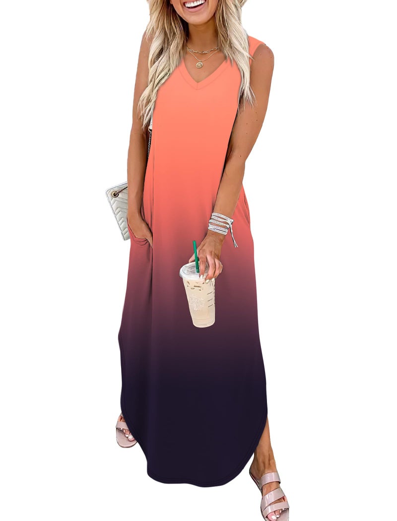 Sampeel Maxi Dresses for Women 2025 Beach Vacation Fashion Long Maxi V Neck Dress with Pockets Flowy Hawaiian Sun Dresses Ombre L - Image 1