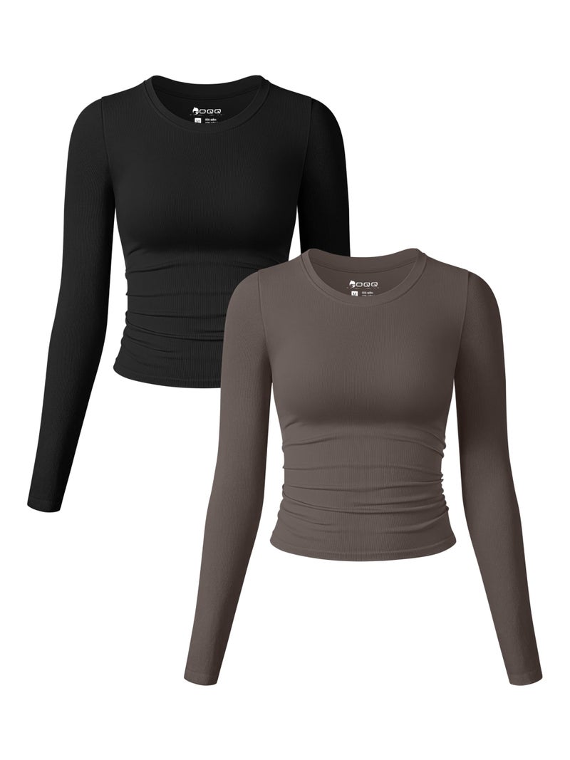 OQQ Womens 2 Piece Shirts Long Sleeve Crew Neck Ruched Stretch Basic Fitted Tee Shirts Tops Black Tea Leaf - Image 1
