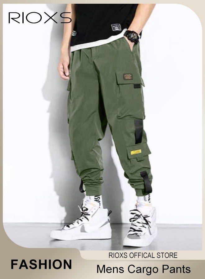 RIOXS Men's Loose Casual Long Pants, Cargo Pants Punk Baggy Pants, Elastic Waist Drawstring Joggers With Multi Pockets, Lightweight Hip Hop Pants For Daily/Streetwear Wear, Mid-Rise Cargo Pants in Green, Oversized Cargo Trousers  - Image 1