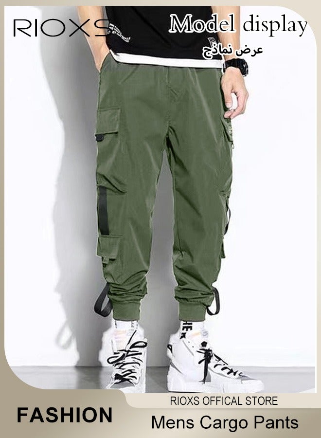 RIOXS Men's Loose Casual Long Pants, Cargo Pants Punk Baggy Pants, Elastic Waist Drawstring Joggers With Multi Pockets, Lightweight Hip Hop Pants For Daily/Streetwear Wear, Mid-Rise Cargo Pants in Green, Oversized Cargo Trousers  - Image 4