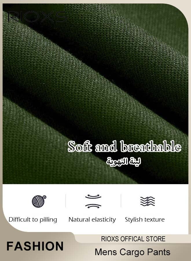 RIOXS Men's Loose Casual Long Pants, Cargo Pants Punk Baggy Pants, Elastic Waist Drawstring Joggers With Multi Pockets, Lightweight Hip Hop Pants For Daily/Streetwear Wear, Mid-Rise Cargo Pants in Green, Oversized Cargo Trousers  - Image 3