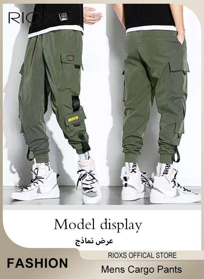 RIOXS Men's Loose Casual Long Pants, Cargo Pants Punk Baggy Pants, Elastic Waist Drawstring Joggers With Multi Pockets, Lightweight Hip Hop Pants For Daily/Streetwear Wear, Mid-Rise Cargo Pants in Green, Oversized Cargo Trousers  - Image 2