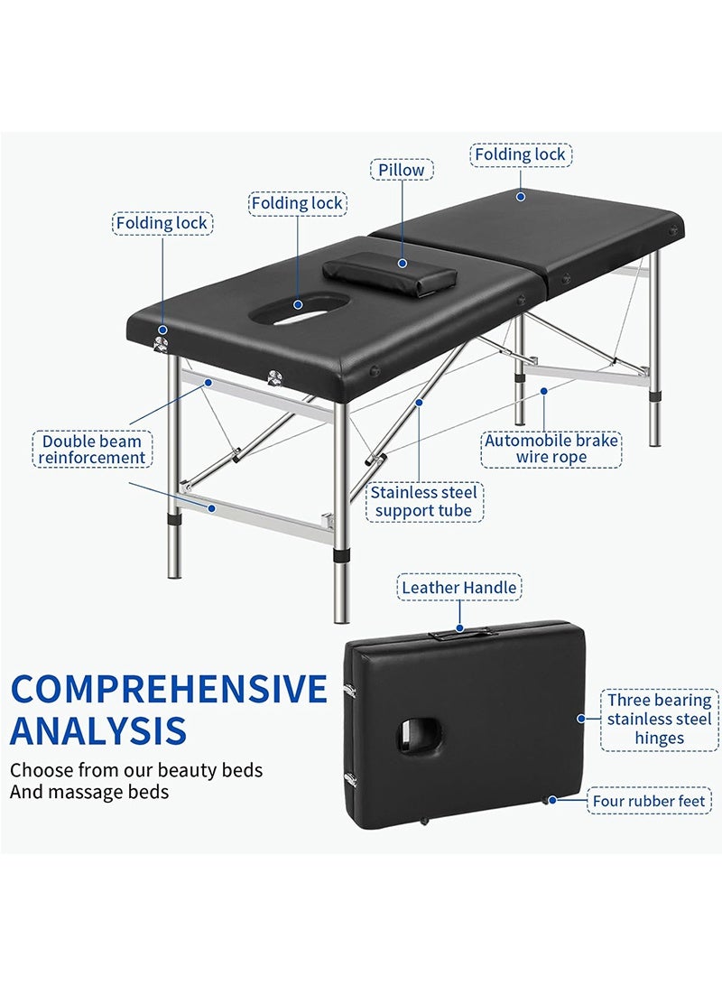 توبيتش سرير تدليك محمول، طاولات تدليك قابلة للطي مع وسادة، سرير سبا مع إطار من الفولاذ المقاوم للصدأ 2 طي أسود لصالون التدليك العلاجي للوشم في المنتجع الصحي العلاج العلاجي باللون الأسود - Image 4