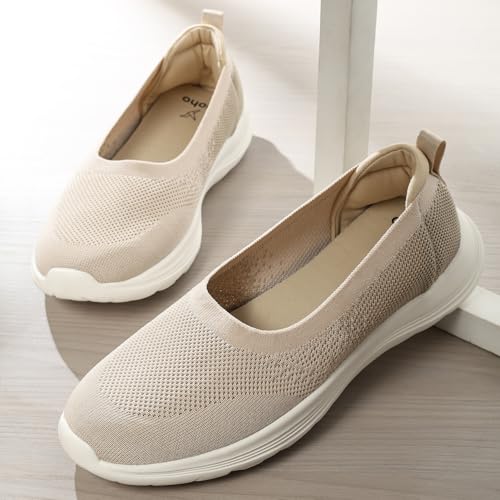 YOHO Knitted Slip-Ons for Women | Lightweight, Stylish & Casual Without Lace Sneakers for Woman | Extra Soft Insole & Shock Absorbing, Walking Loafer Shoes for Ladies SOS-113 | Beige - UK 8 - Image 2