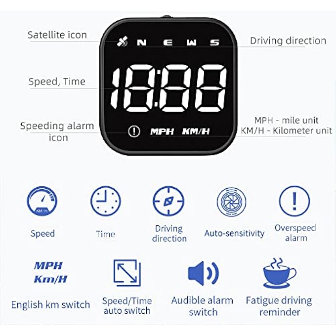 ريحني عداد سرعة رقمي GPS للسيارة، شاشة عرض أمامية عالمية، عداد سرعة ذكي GPS مع بوصلة، سرعة ميل في الساعة، تنبيه القيادة المتعبة، إنذار السرعة الزائدة، عداد الرحلات لجميع المركبات، لون أسود - Image 4