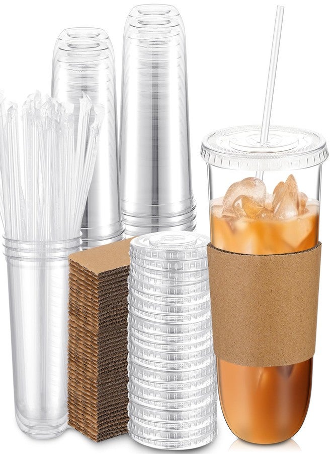 Ziliny 25 Sets Clear Plastic Cups with Lids Straws and Cup Sleeve, Disposable Plastic Iced Coffee Cup for Cold Drinks Juice Smoothie Coffee Shops Party Catering (20 oz) - Image 1