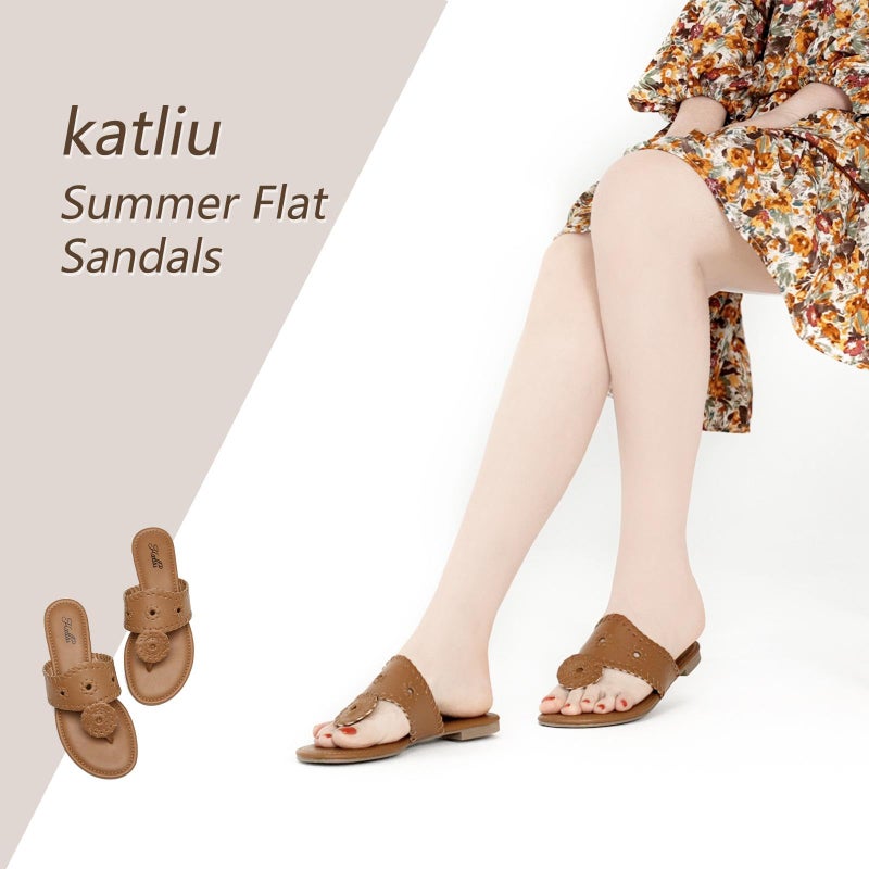 katliu Women's Flat Sandals Flip Flop Sandals Dressy Thong Sandals Brown - Image 2