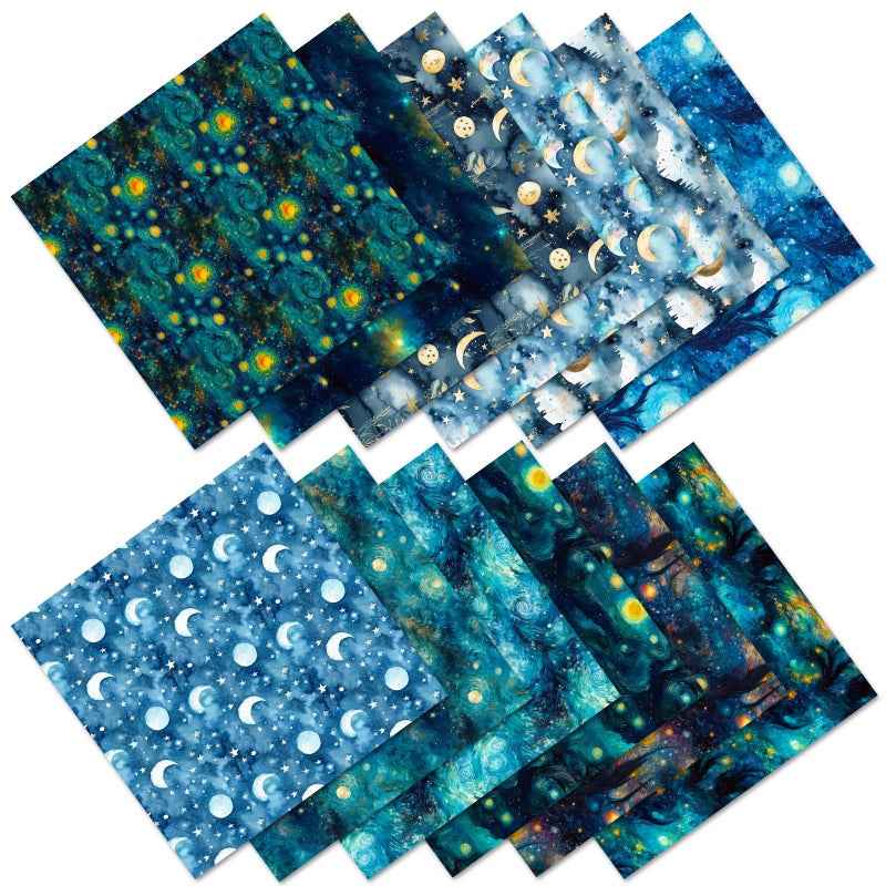 PIGBIT 12 Sheets Starry Night Scrapbook Paper 6" x 6", Vintage Craft Scrapbooking Paper Pad,Journaling Scrapbooking Supplies,Cardstock Decorative Craft Paper - Image 2