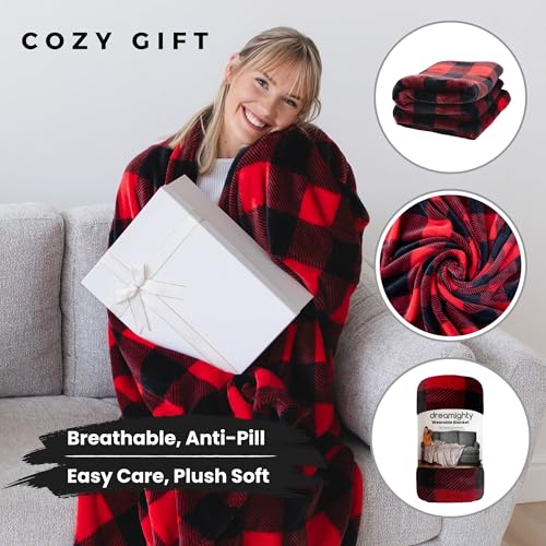 Super Blanky Wearable Blankets for Women, Adult Wearable Blanket Men, Christmas Gifts for Women, Comfy Girlfriend Birthday Gifts for Her, Wife Birthday Gift Ideas, Blanket With Sleeves - Red Checkered - Image 3