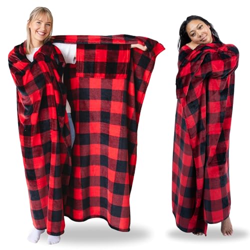 Super Blanky Wearable Blankets for Women, Adult Wearable Blanket Men, Christmas Gifts for Women, Comfy Girlfriend Birthday Gifts for Her, Wife Birthday Gift Ideas, Blanket With Sleeves - Red Checkered - Image 1