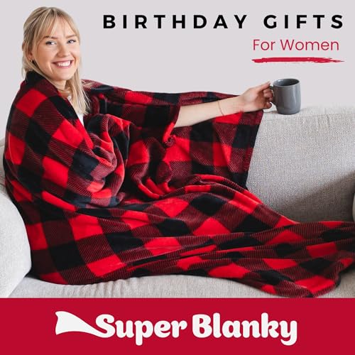 Super Blanky Wearable Blankets for Women, Adult Wearable Blanket Men, Christmas Gifts for Women, Comfy Girlfriend Birthday Gifts for Her, Wife Birthday Gift Ideas, Blanket With Sleeves - Red Checkered - Image 2