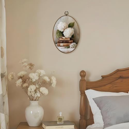 LKETW Vintage Hydrangea Floral Book Oval Wall Art Decor, Rustic Elegant Cottage Oval Canvas Hanging Decor, Moody Antique Botanical Wall Decorations for Library Reading Room Home Bedroom, 8.6x11.4 Inch - Image 4