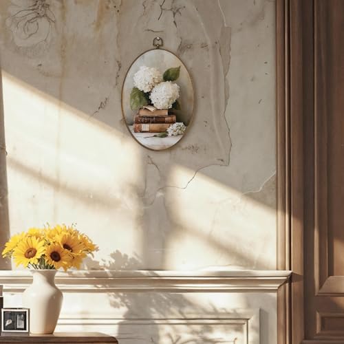 LKETW Vintage Hydrangea Floral Book Oval Wall Art Decor, Rustic Elegant Cottage Oval Canvas Hanging Decor, Moody Antique Botanical Wall Decorations for Library Reading Room Home Bedroom, 8.6x11.4 Inch - Image 2