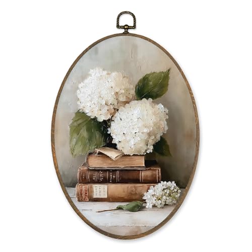 LKETW Vintage Hydrangea Floral Book Oval Wall Art Decor, Rustic Elegant Cottage Oval Canvas Hanging Decor, Moody Antique Botanical Wall Decorations for Library Reading Room Home Bedroom, 8.6x11.4 Inch - Image 1