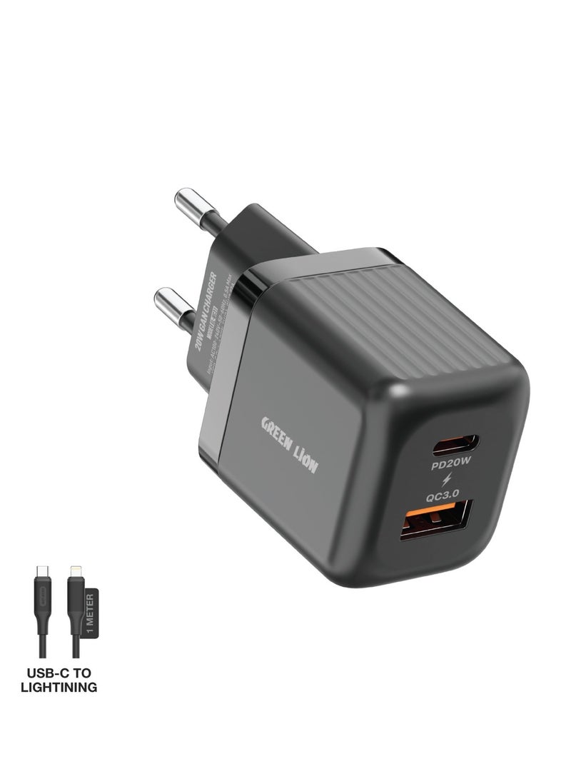 GREEN LION Ultra Compact GaN Wall Charger 2 Port EU Pin PD20W + QC3.0 with Type-C to Lightning Cable/ USB-C & USB-A Ports / Simultaneous Charging f /Charging Protection / Travel / Secure Charger for Home & Office - Black - Image 1