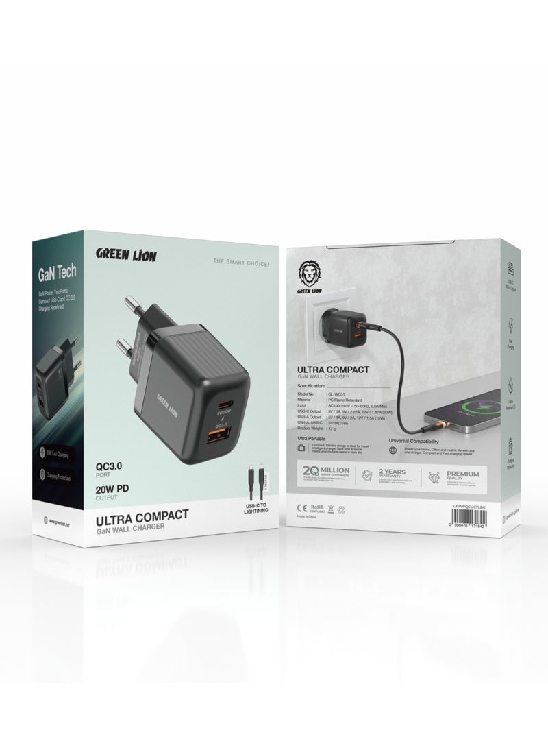 GREEN LION Ultra Compact GaN Wall Charger 2 Port EU Pin PD20W + QC3.0 with Type-C to Lightning Cable/ USB-C & USB-A Ports / Simultaneous Charging f /Charging Protection / Travel / Secure Charger for Home & Office - Black - Image 3