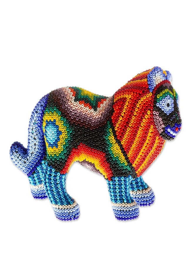 Novica Handmade Jalisco Lion Huichol Beaded Papier Mache Sculpture - Image 1