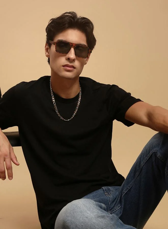ECOLORE Men Black Crew Neck Slim Fit T-Shirt