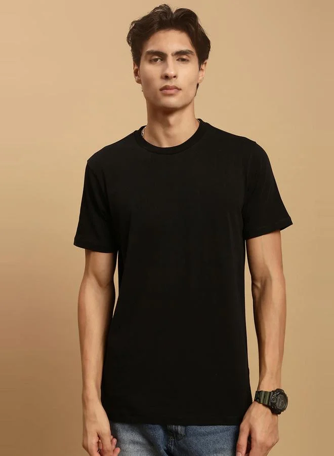 ECOLORE Men Black Crew Neck Slim Fit T-Shirt